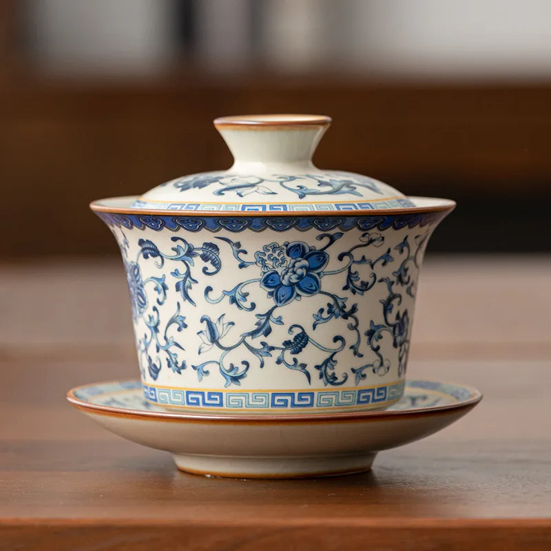 Ceramics Blue and White Ru Kiln Cracked Glaze Gaiwan Teacup Saucer Lid Porcelain Gaiwan Travel Cover Bowl 180ml