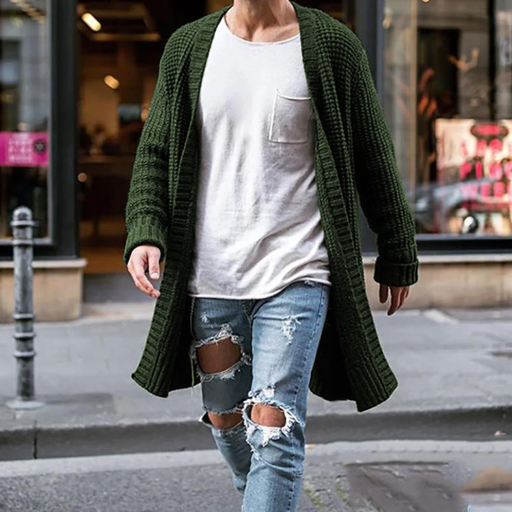 2022 Men Cardigan Long Sweater Male Knitted Solid Sweaters Casual Autumn Winter Coats 5 Colors Loose Men\'s Clothes Size S-2XL