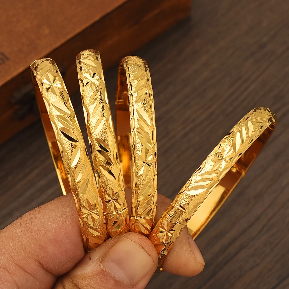 4PCS 65MM 24k Gold Plated Bangle Fashion Dubai Bride Wedding Ethiopian Bracelet Africa Arab Jewelry Gold Charm Bracelet Gifts
