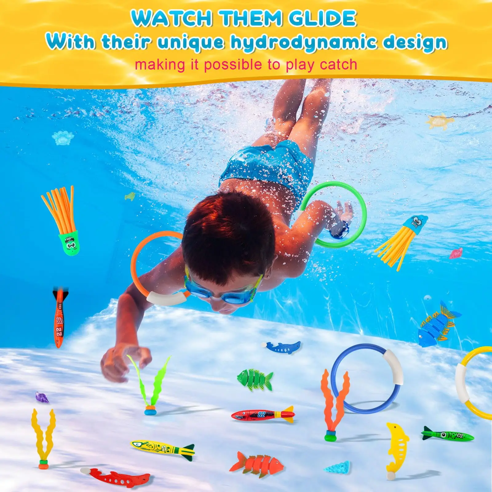 28Pcs Pool Diving Swim Toys Colorful Underwater Training Sinking Dive Toy With Mesh Bag for Kids Summer Swimming Party Pool Game