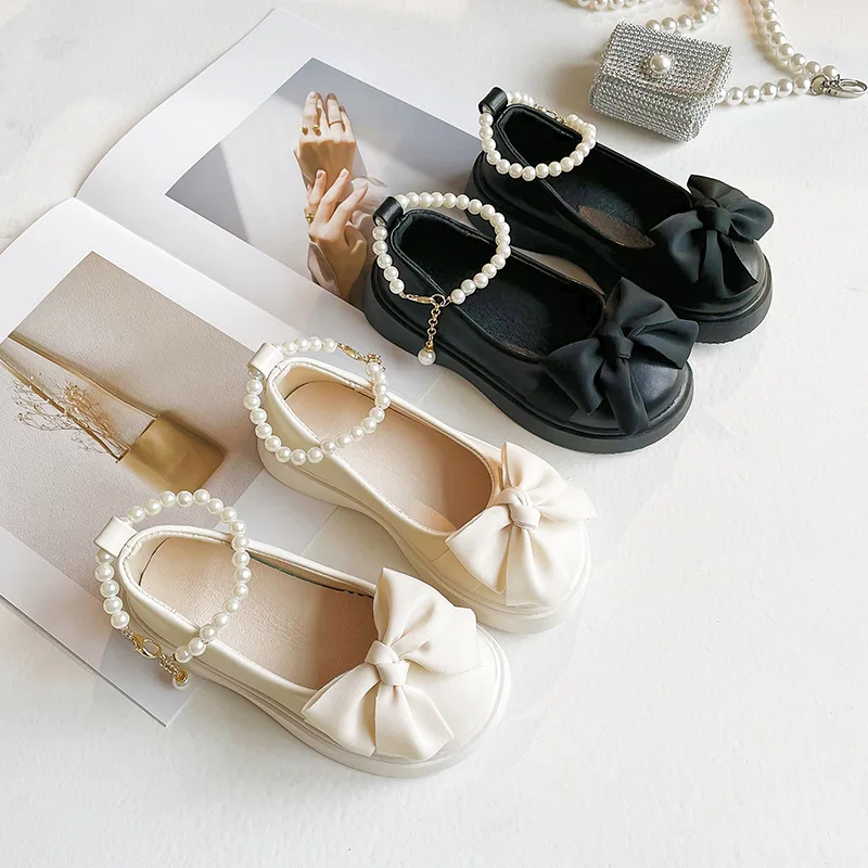 Girls Leather Shoes for Wedding Party Flats Pearls Ankle Strap Chic Sweet Princess School Shoes