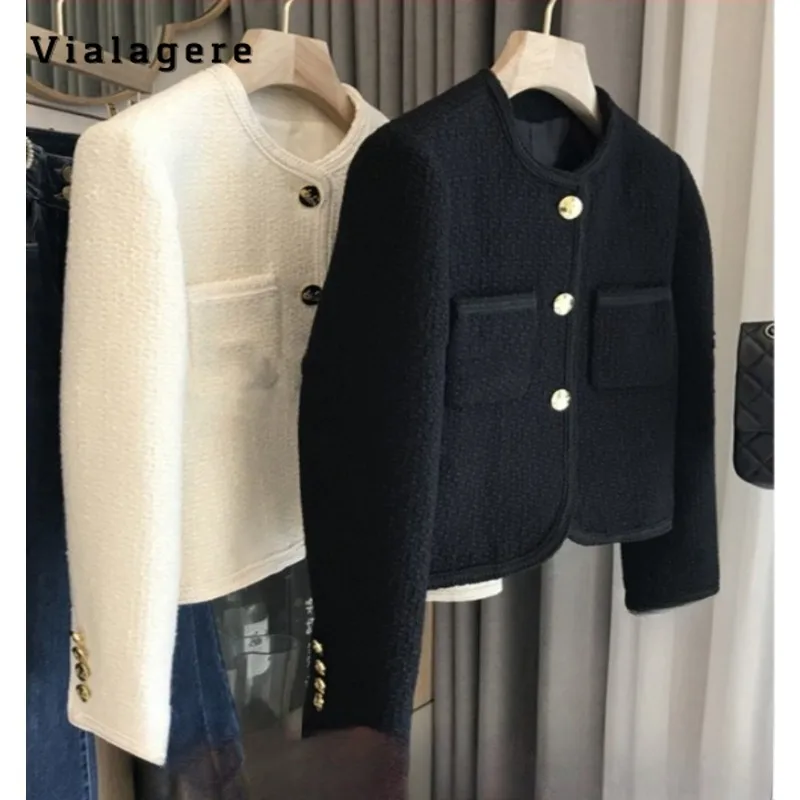 

2023 Autumn Winter Luxury Style Single Breasted Round Neck Jacket Women Solid Color Outerwear Casual Fashion Slim Elegant Coat