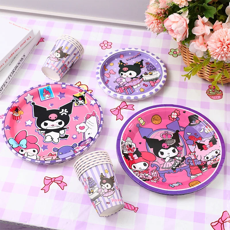 

Столовые приборы Sanrio Hellokitty одноразовый Бумажный стаканчик Kuromi Kawaii аниме обеденная тарелка My Melody Мультяшные аксессуары