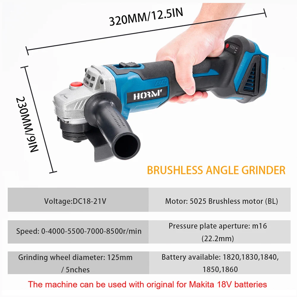 Brushless Angle Grinder 125mm 5 inch Cordless Cutting Machine Polisher 4-Speed Compatible Power Tool For Makita 18V Battery