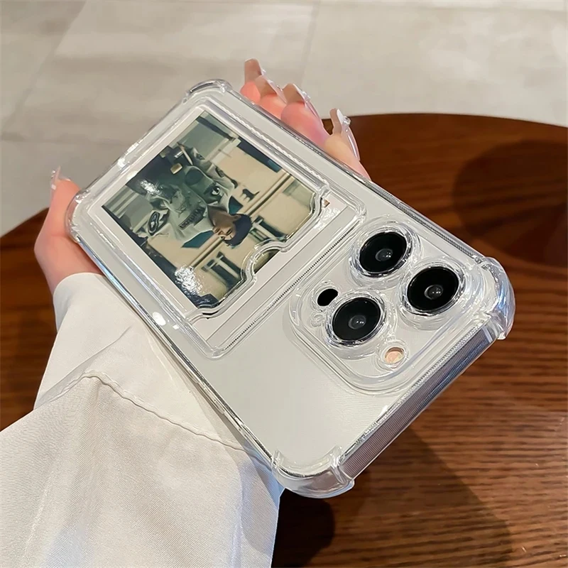 Transparent Card Slot Bag Holder Phone Case For iPhone16 15 14 13 12 11 Pro Max Clear Wallet Silicone Shockproof Back Cover