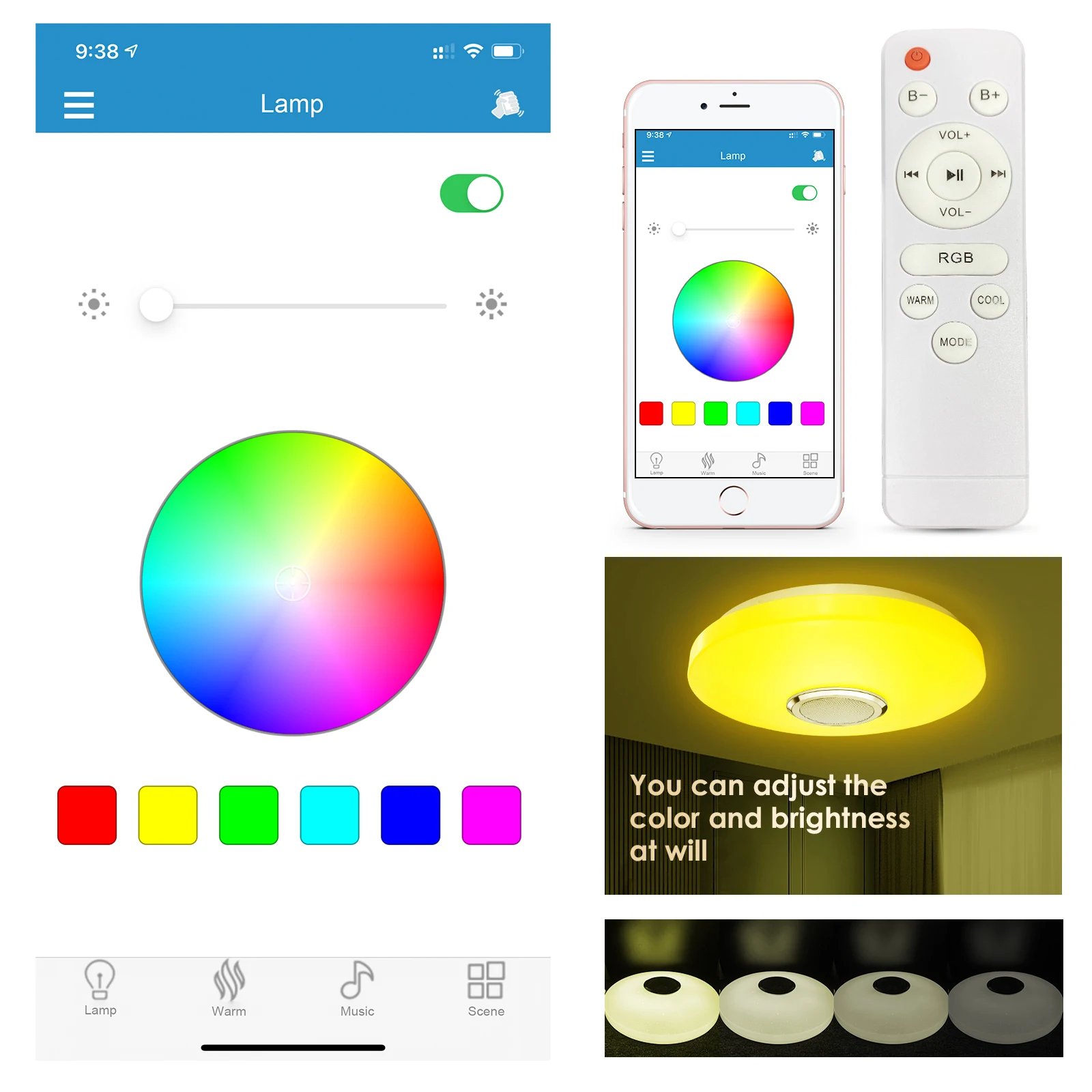 Plafonnier LED rond avec télécommande intelligente, lumière d’ambiance, lumière à intensité réglable, avec minuterie, i