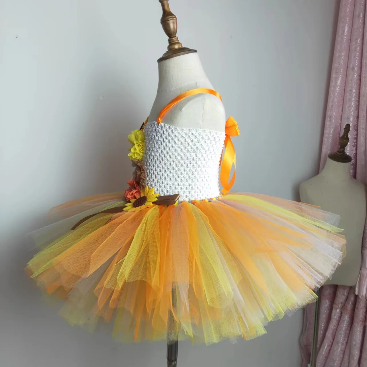 Orange Gold Sunflower Girl Tutu Dress for Kids Fall Autumn