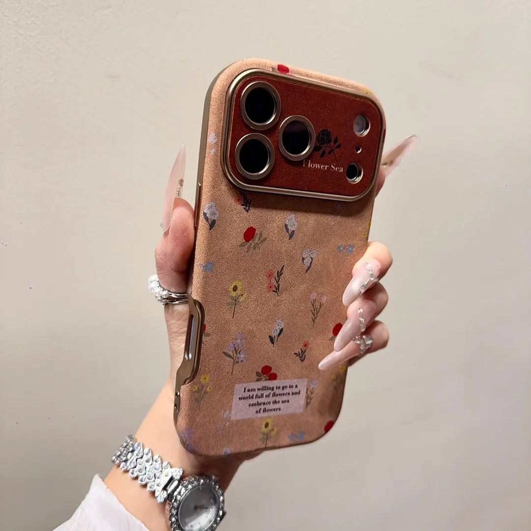 Kleine florale Handyhülle im Retro-Stil für iPhone 17, 16, 15, 14, 13, 12, Pro Max, Vintage-braunes Leder, bunte Blumen, stoßfeste Abdeckung – Detail 4