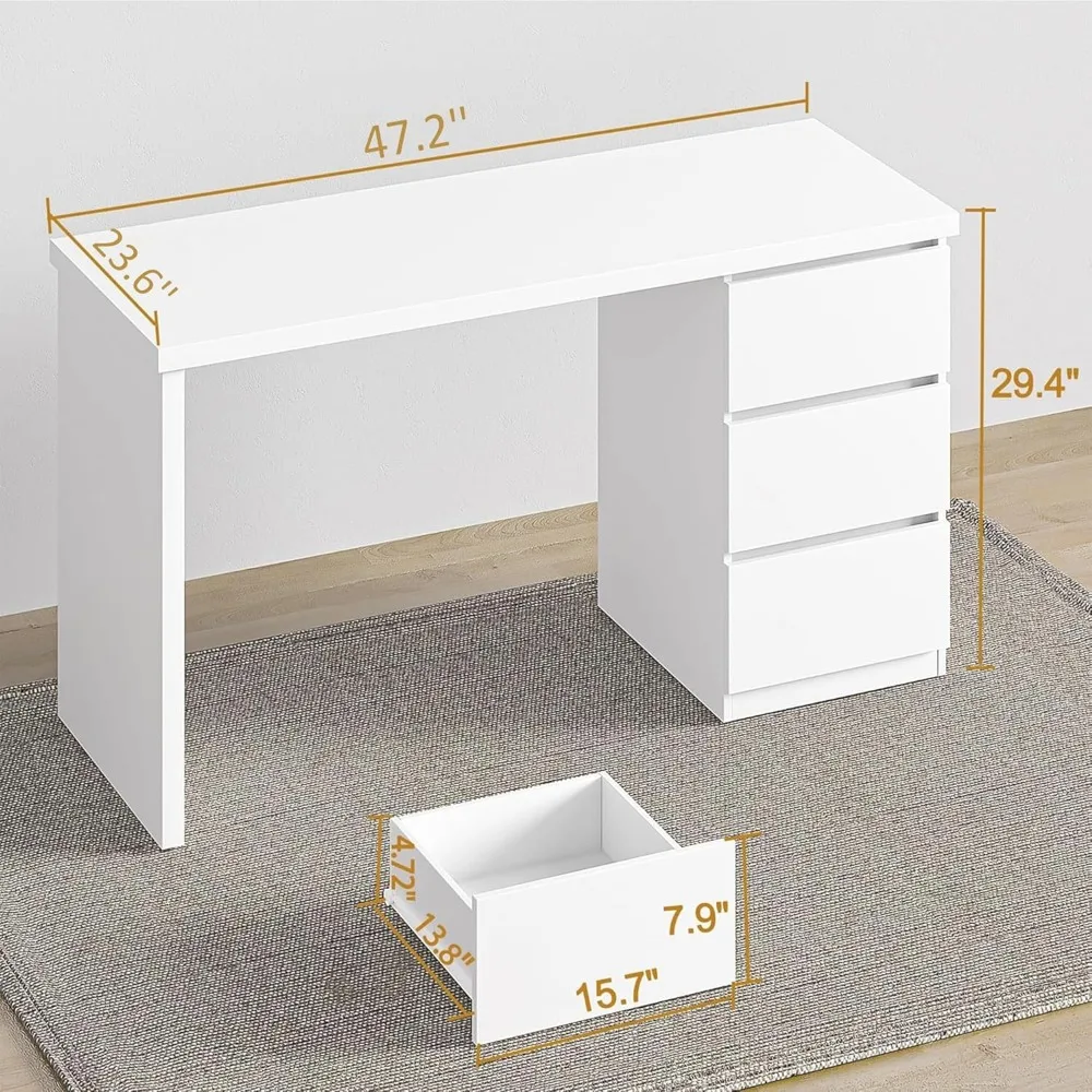 White Desk with Drawers, 47'' W Home Office Computer Desk Gaming Table, Modern Vanity Desk with Storage, Wood Writing Workstati 3