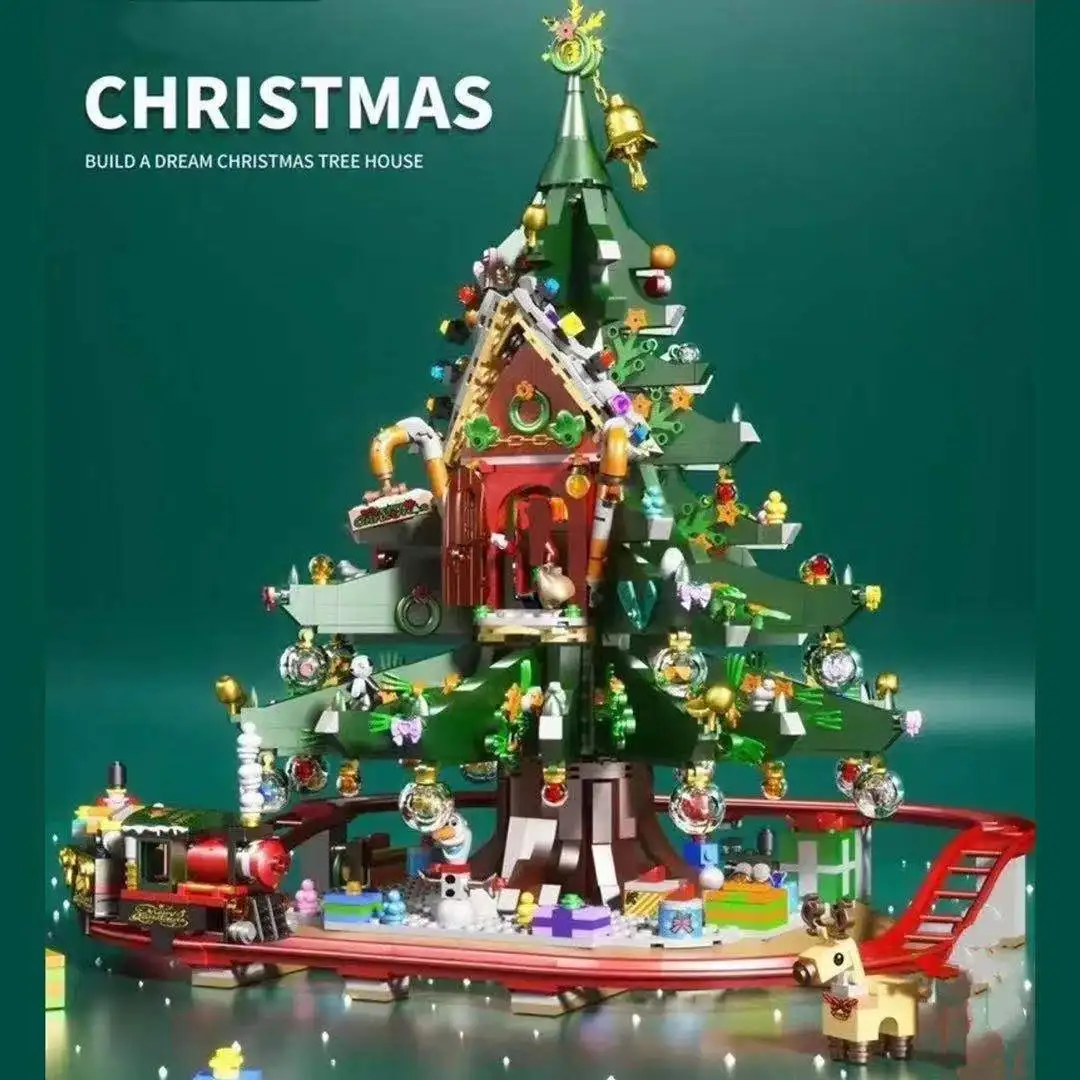 

New Building Blocks Christmas Tree Reindeer Gingerbread House Model Sets Toy City Winter Village Train Santa Claus Elk New Year