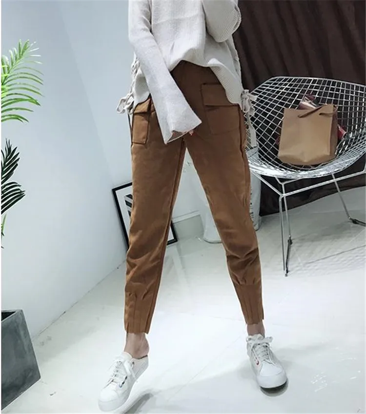 Spring and Autumn women's trousers elastic waist pocket casual trousers loose solid plus-size pencil trousers white capris