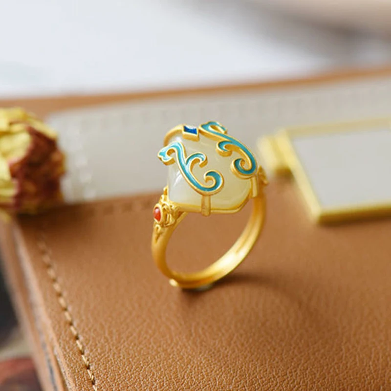 Silver Chinese retro enamel ring inlaid with Hetian jade adjustable opening for women silver ring,silver rings,jade ring