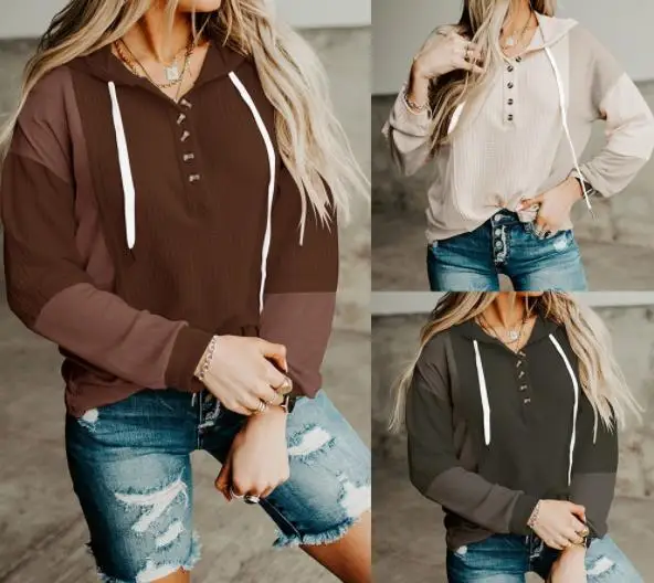 

Women's Sweatshirt 2022 Autumn Winter Solid Loose Fit Paneled V Neck Drawstring Hooded Top Fashion Button Pullover Street Wear