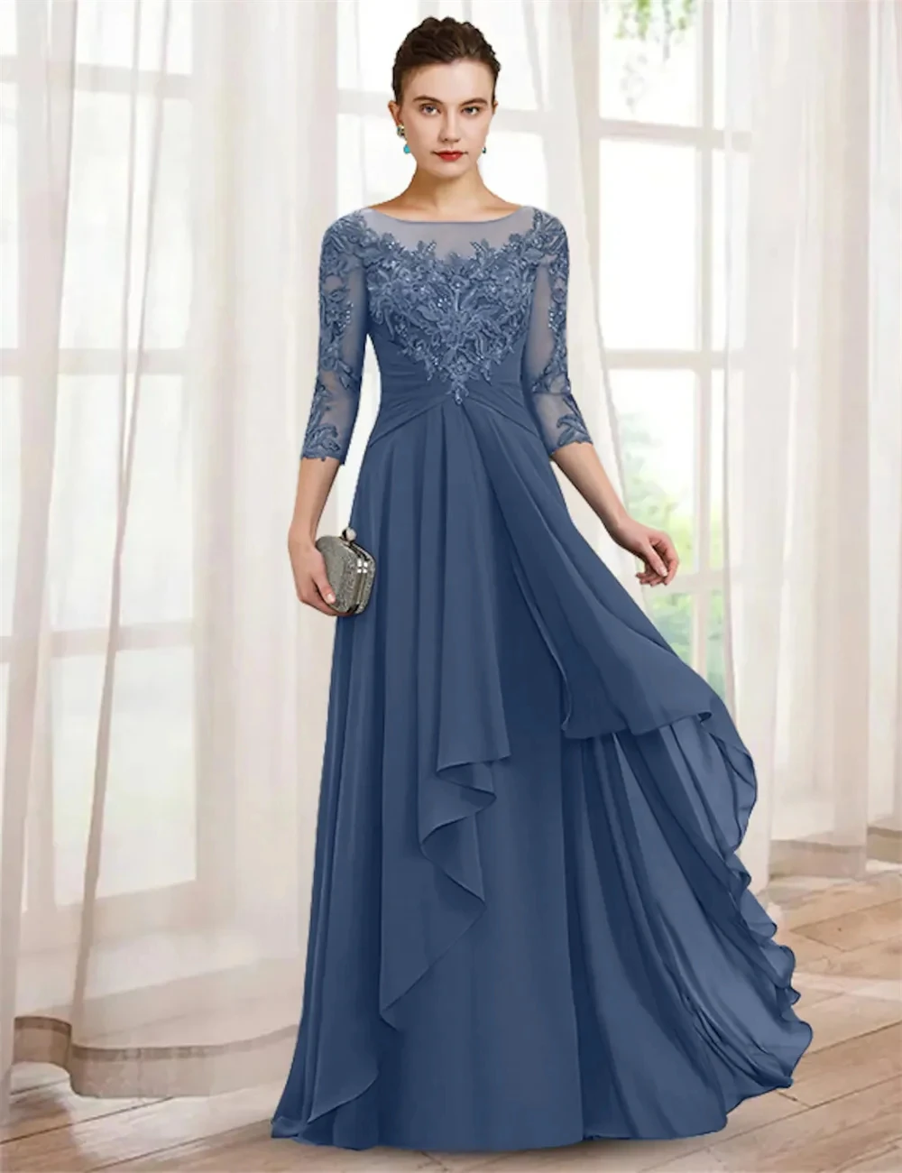 Mother of The Bride Dresses Elegant Wedding Party Dresses 3/4 Sleeve Floor Length Lace with Ruffles Appliques Cheap Customized