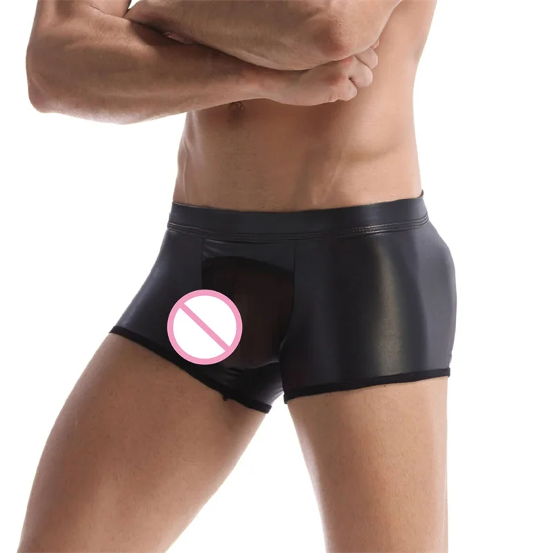 

Men Trunks PU Leather Spliced Mesh Pouch Underwear Black U-shaped Boxer Briefs Jock Strap Underpants Gays Lingerie Imitates