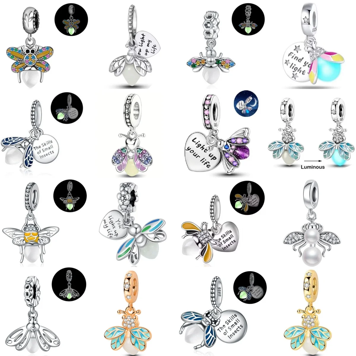 925 Silver Glow-In-Dark Firefly Series Charm with Colorful Wings