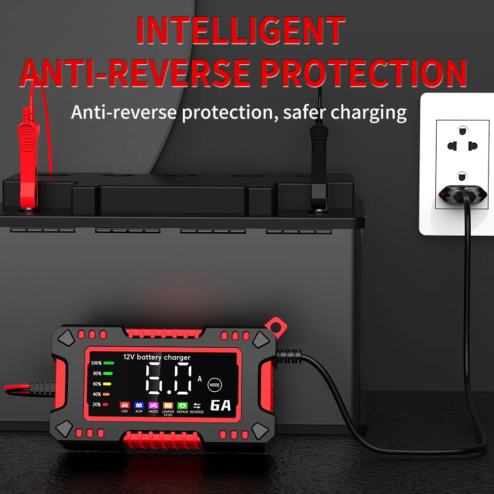 12V 6A Car Battery Charger 14.6V 6A Digital Display Electric Moto Charger For LiFePO4 Lead Acid AGM Smart Battery Repair EU Plug