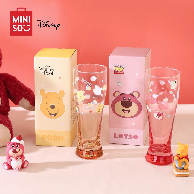 

MINISO диснеевские 450 мл стеклянные питьевые чашки, утолщенные бутылки для воды с мультяшным рисунком Винни-Пуха для милых ледяных искусственных чашек