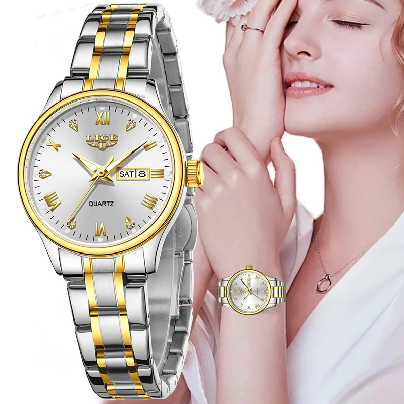 LIGE New Ladies Dress Watch Fashion Elegant Week Date Quartz Wristwatch For Women Outdoor Sport Waterproof Luminous Watch Women