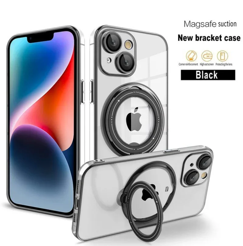 

Plating Clear Logo Hole Magnetic Phone Case for iPhone 14 13 12 11 Pro Max Plus For Magsafe Kickstand Cover