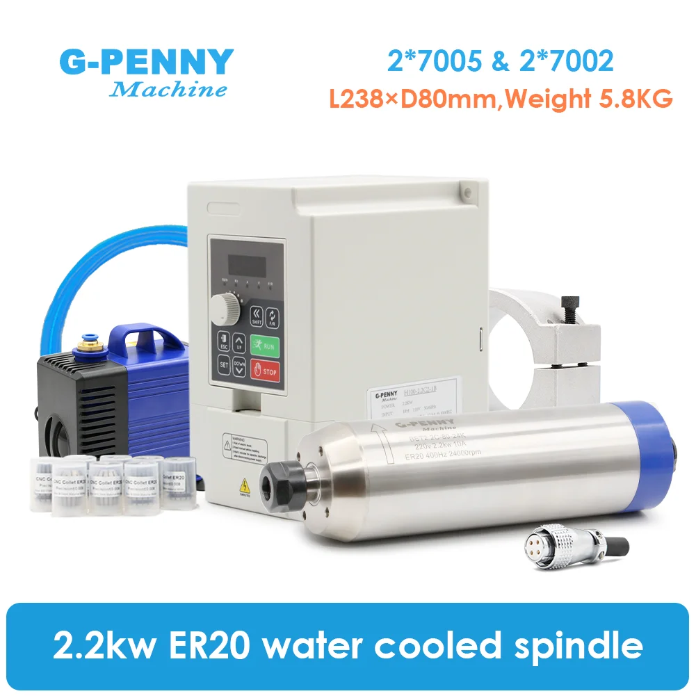 G-Penny 2,2 kW ER20 Bullet Wassergekühlter CNC-Spindelmotor 220V 380V 4 Keramiklager Komplettset VFD-Wechselrichter 80mm Klemmung Wasserpumpe