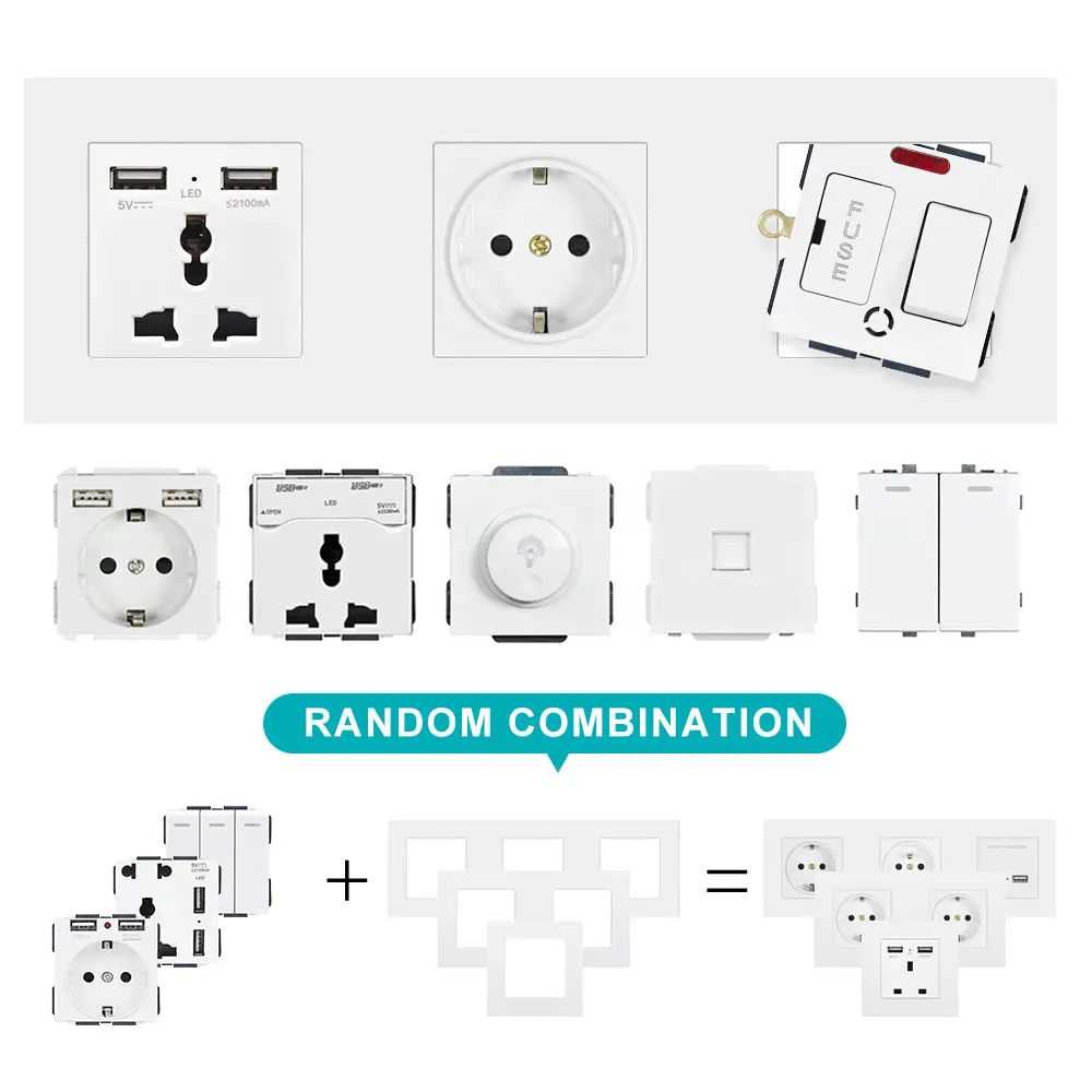 SRAN A1 시리즈 검정색 PC 패널 벽 스위치 EU 프랑스어 전원 소켓 USB 초인종 TV RJ45 모듈 DIY, 86 평방 상자에 적합