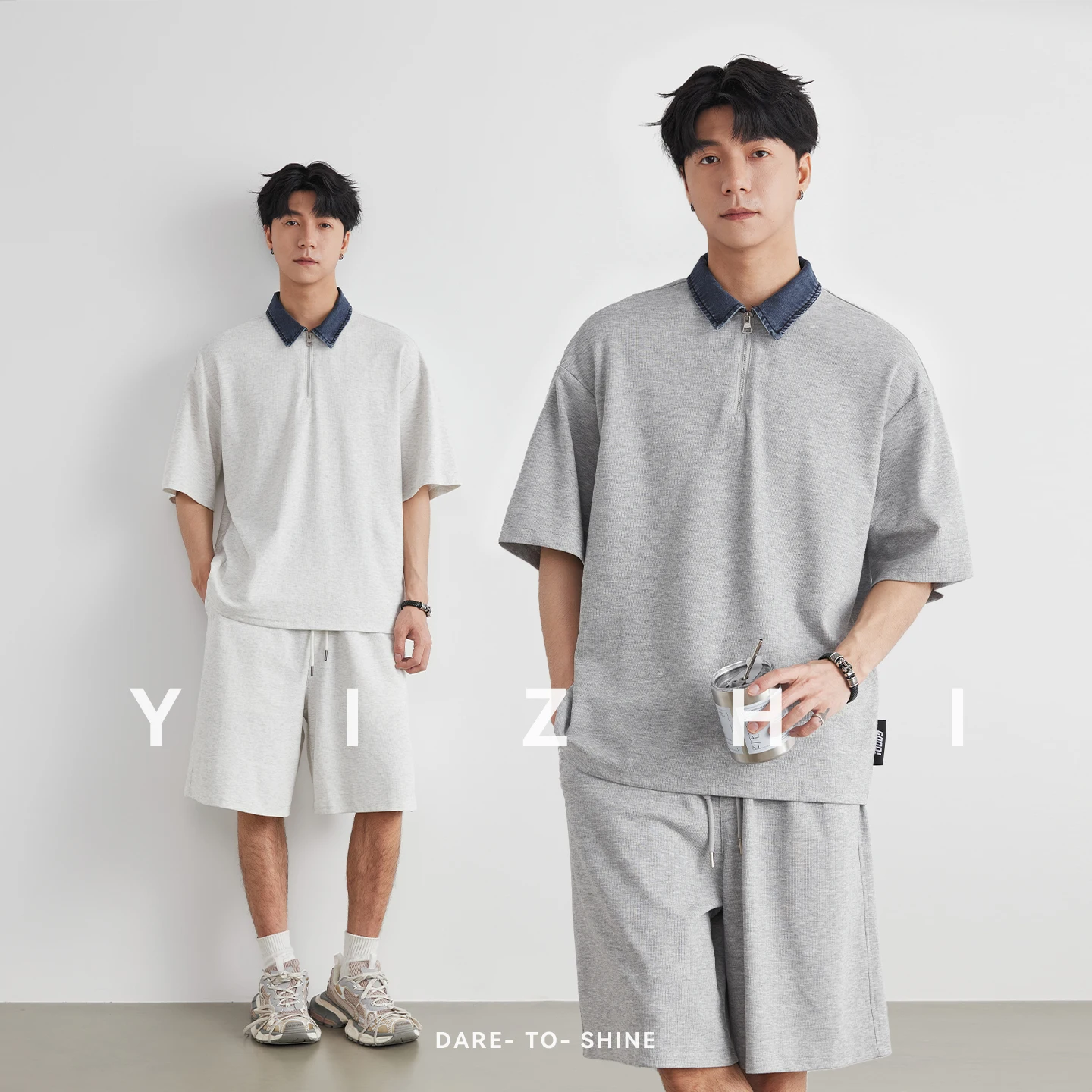 Completo da Uomo Estivo 2026: Polo in Denim con Colletto e Mezza Zip e Pantaloncini - Set Due Pezzi Casual e Comodo per il Quotidiano
