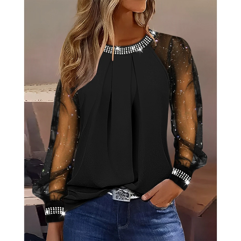 2024 Women Rhinestone Decor Contrast Sheer Mesh Long Sleeve Casual Blouse Spring Fashion Femme T Shirts Streetwear y2k Clothes