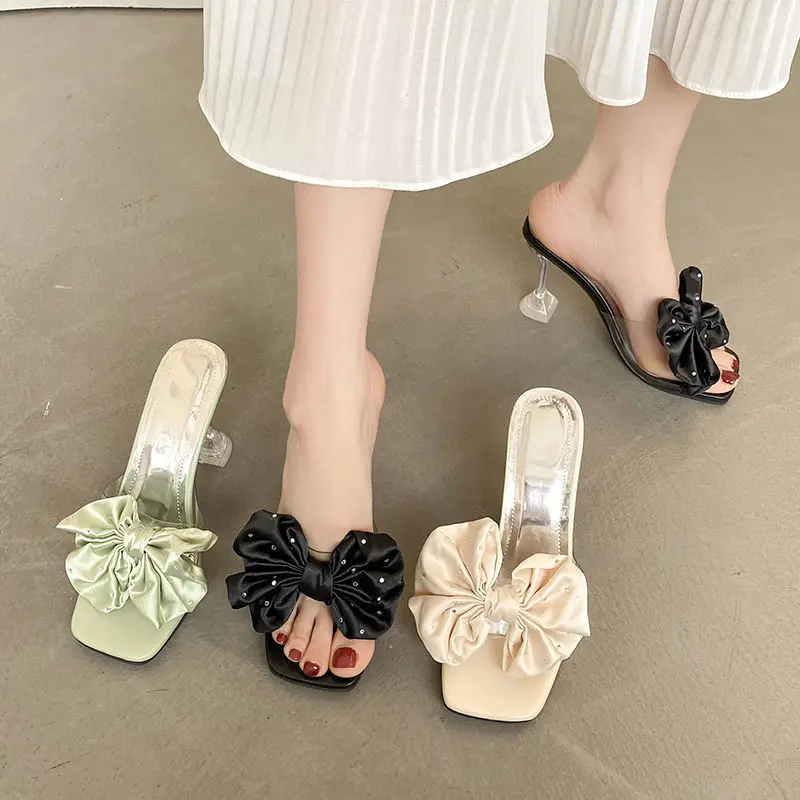 Fashion Transparent Pointed Toes Sandals Elegant Slingback Crystal Female Party Pumps Ladies Shoes Woman Bow Heels 34