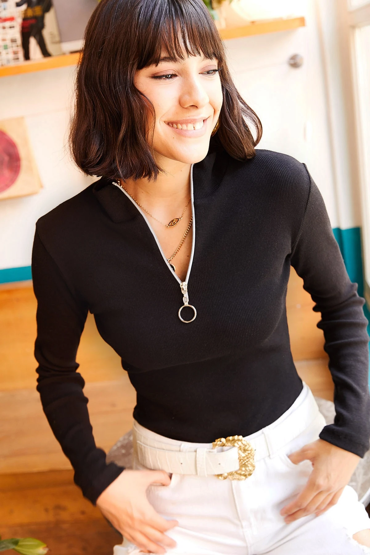 de LICRA cuello alto y cremallera para Mujer, top de manga larga, blanco, elegante, para invierno y otoño|Blusa| - AliExpress