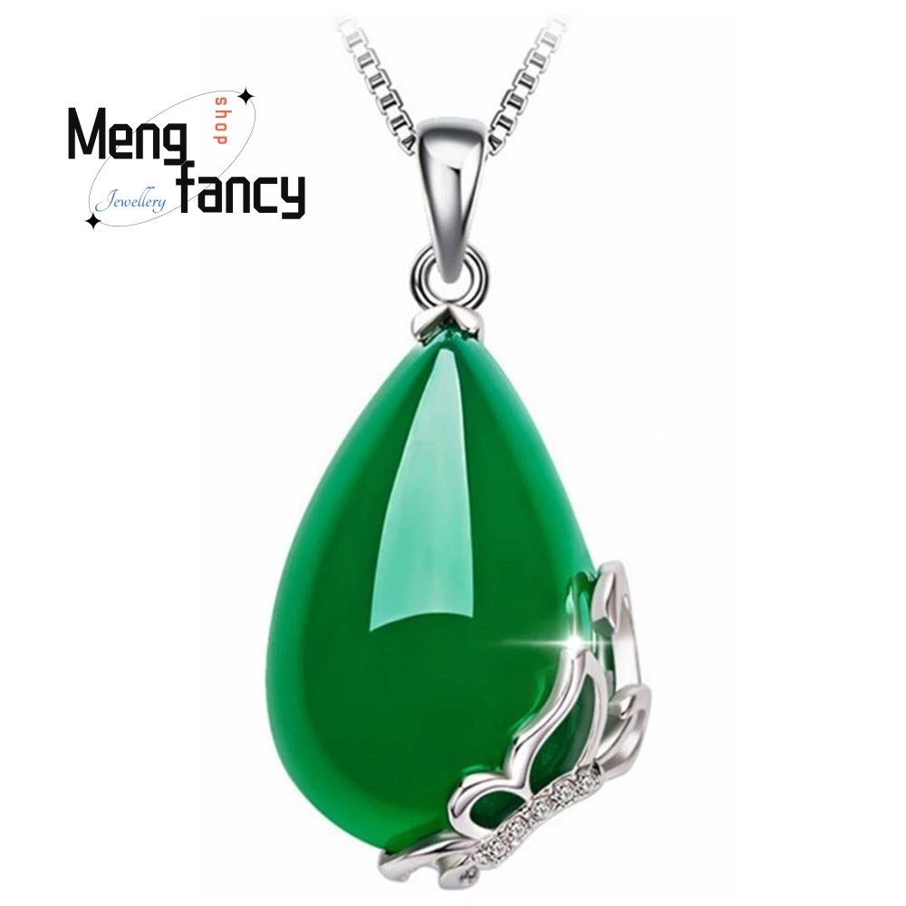 Natural Green Jade Chalcedony Water Drop Pendant 925 Silver Necklace Fashion Charms Jewelry Amulets Souvenir Women Holiday Gifts