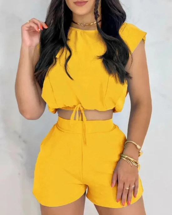 Summer Two-Piece Set 2024 Women's New Fashionable Casual Short Sleeved Drawstring Trend Printed Women's Shorts Set