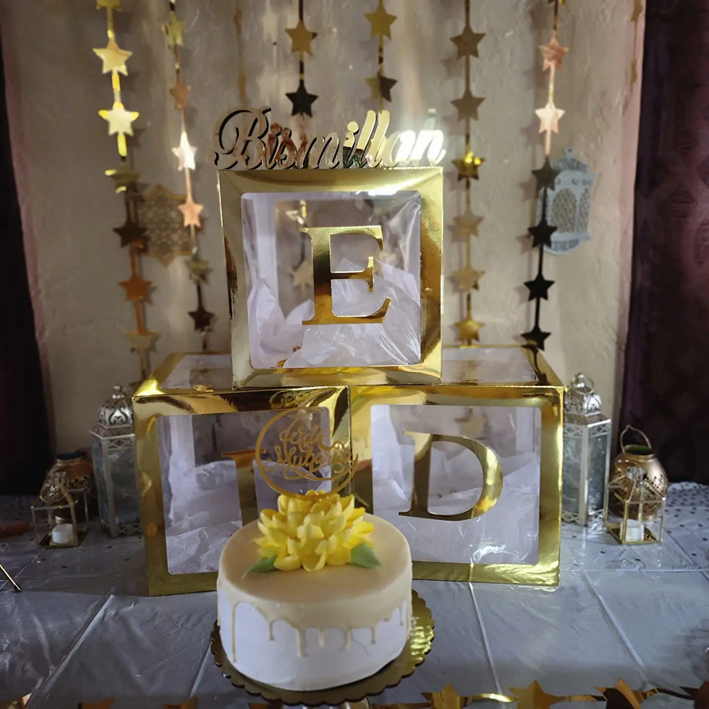 Gold White Eid Mubarak Balloon Box Decorations with EID Letter Transparent Boxes for Ramadan Muslim Festive Party Supplies