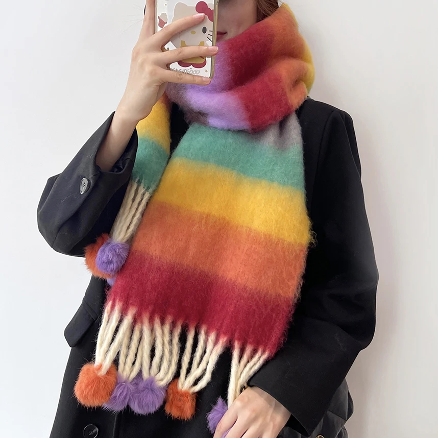 

Winter Women Rainbow Scarf Handmade Wool Thick Width Brushed Warm Long Shawl