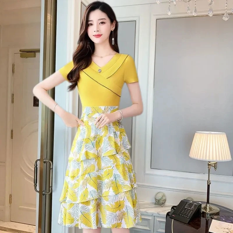 

Chiffon Floral Women's Dresses Summer New Women Clothes French V-Neck Slim Fit A-Line Mid Length Dress Vestidos Verano Moda 2024