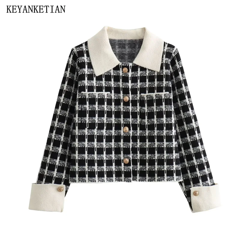 

KEYANKETIAN Autumn/Winter New Women's Plaid Knit Cardigan Vintage Cuff Roll-Up Design Lapel Single-Breasted Soft Sweater Top