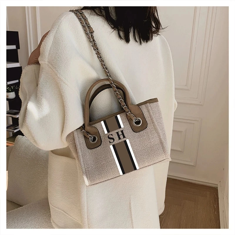Personalize monogrammed striped bridal honeymoon canvas handbags shopping shoulder jute bag Bridesmaid gift beach tote bag totes