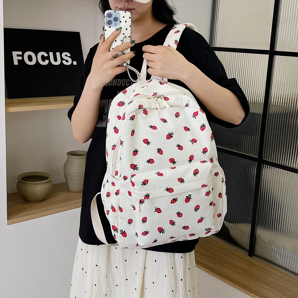 Corduroy Strawberry Backpack Casual Travel Large Capacity Adjustable Strap Womens Backpack for Women Girls