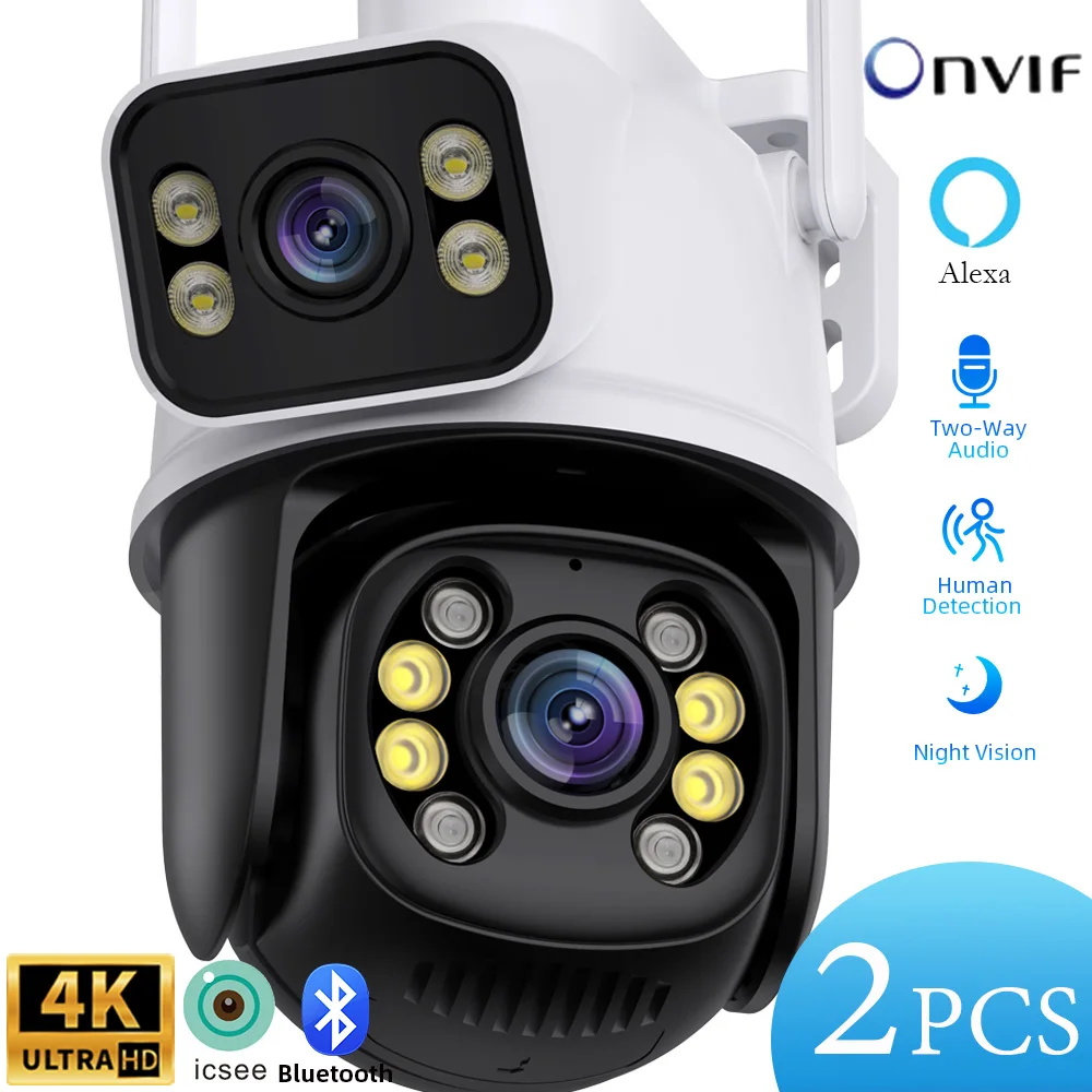2Pcs 4K Security Wifi Camera Dual Lens Dual Screen Wireless Outdoor Surveillance Camera Auto Tracking Icsee Ip Cctv Telecamere