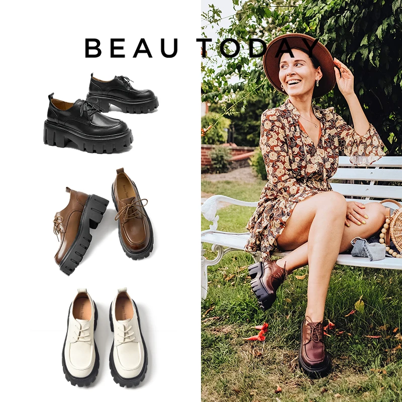 Women Shoes Casual Shoes Platform Shoes Women Genuine Cow Leather Round Cross Tied Closure Chunky Sole Ladies Casual Shoes Handmade 21894
