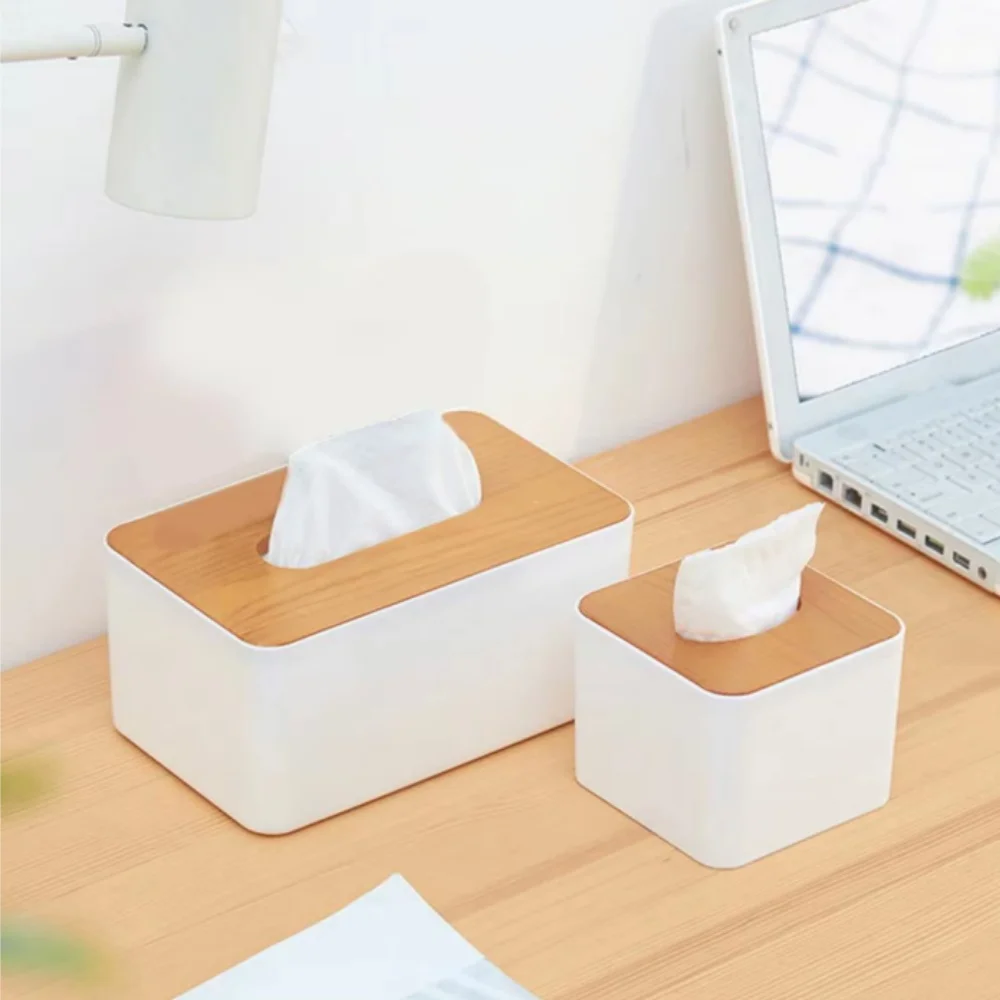 Plastic Tissue Box Wooden Lid Square Napkin Holder Container Wet Tissue Paper Dispenser Case Modern Home Car Organizer 3