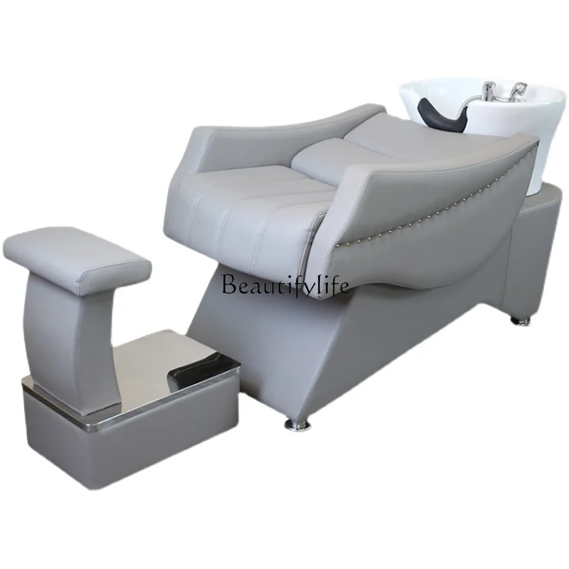 High-End Hair Salon Shampoo Chair Lying Half Flushing Bed Stainless Steel Ceramic Basin