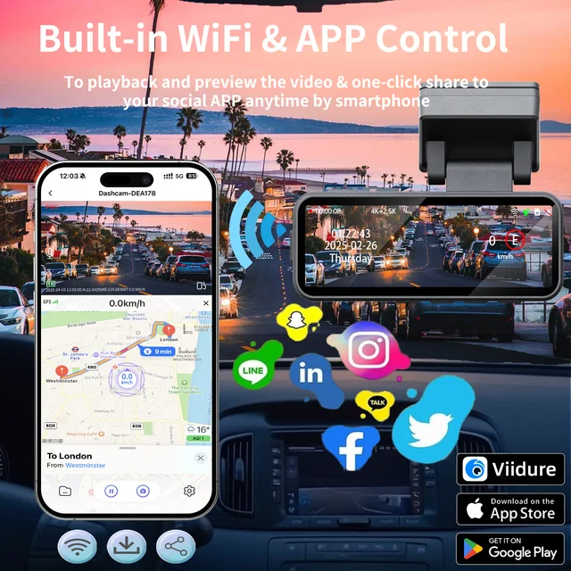 Plinader Dash Cam 4K Ultra HD Lens Car Dashboard Camera Built-in GPS Wifi & APP Control 24H parking monitoring Loop recording 4