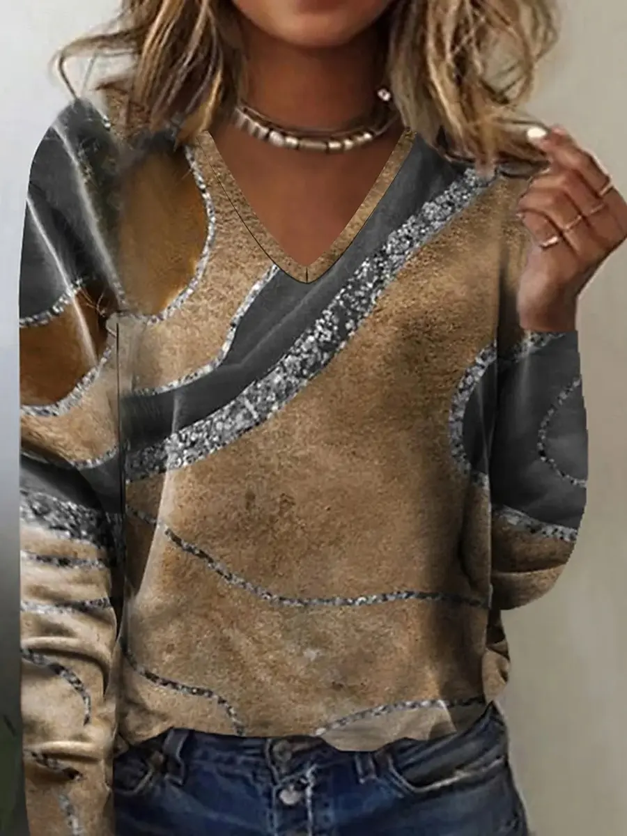 Elegantes Damen-T-Shirt mit V-Ausschnitt und Marmor-Print, langärmelig, weiches Polyester, perfekt für Herbst und Winter, Freizeitkleidung, Oberteile – Detail 3