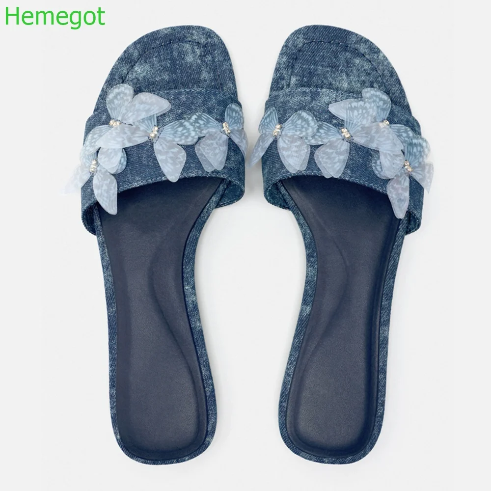 

Blue Denim Butterfly Casual Slippers 2024 Spring Summer New Open Toe Slip On Flat Slides Women Fashion Sandals