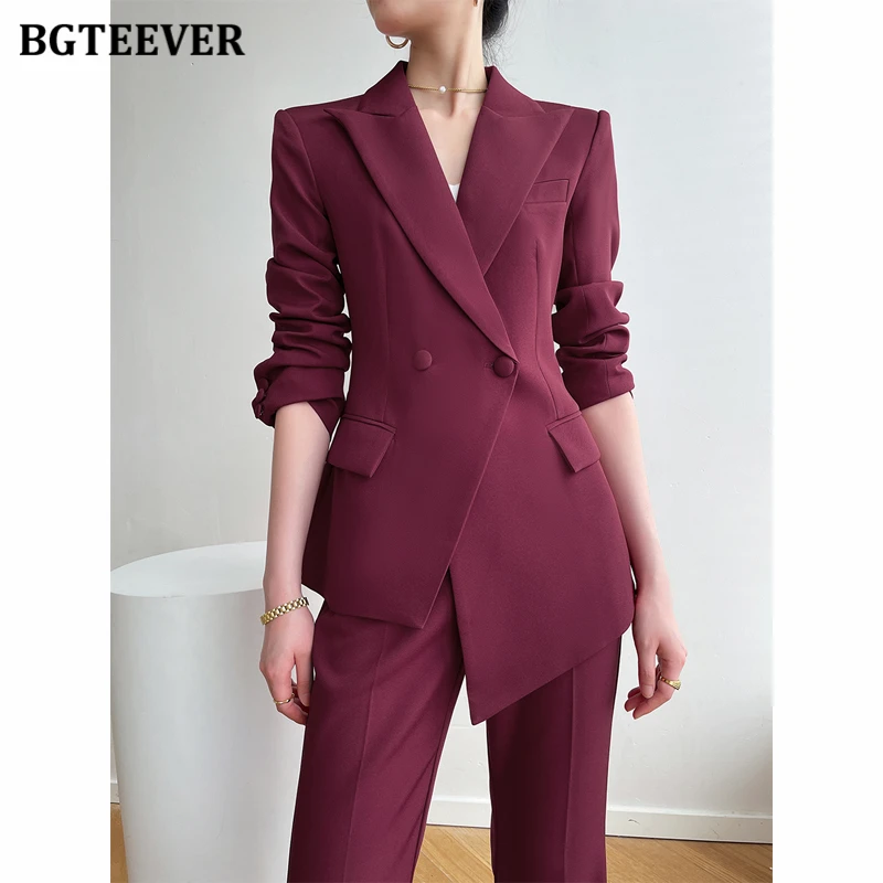 

BGTEEVER Autumn Winter Women Trousers Set Long Sleeve Irregular Blazer Jackets Female Flare Pants Stylish Ladies Pant Suits