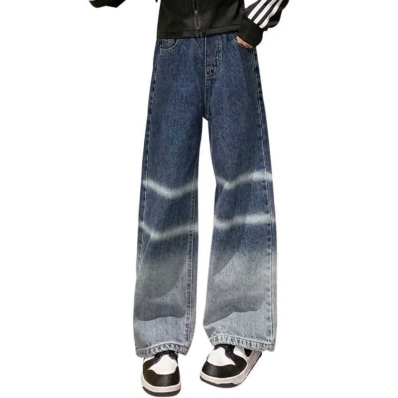 

Girls Korean Jeans Fashion Casual Gradient Straight Pants Kid Clothes for Teens Elastic Waist Streetwear Denim Trousers 4-14 Yrs