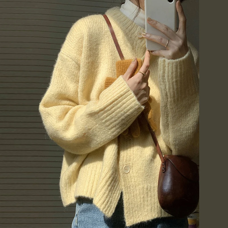 

Sweet Knitted Cardigans Sweater Women Autumn Winter O-neck Single Breasted Coats French Solid Simple Female Sweater