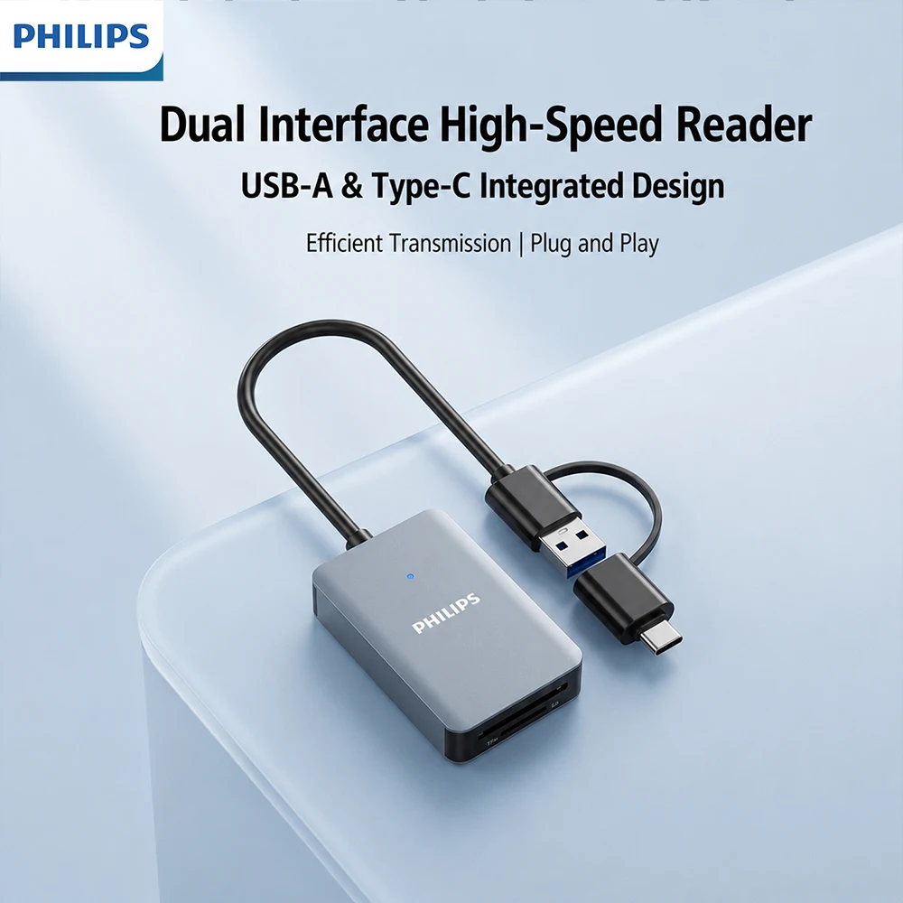 Philips Dual Slot High-Speed USB & Type-C Card Reader with Simultaneous SD/TF Reading