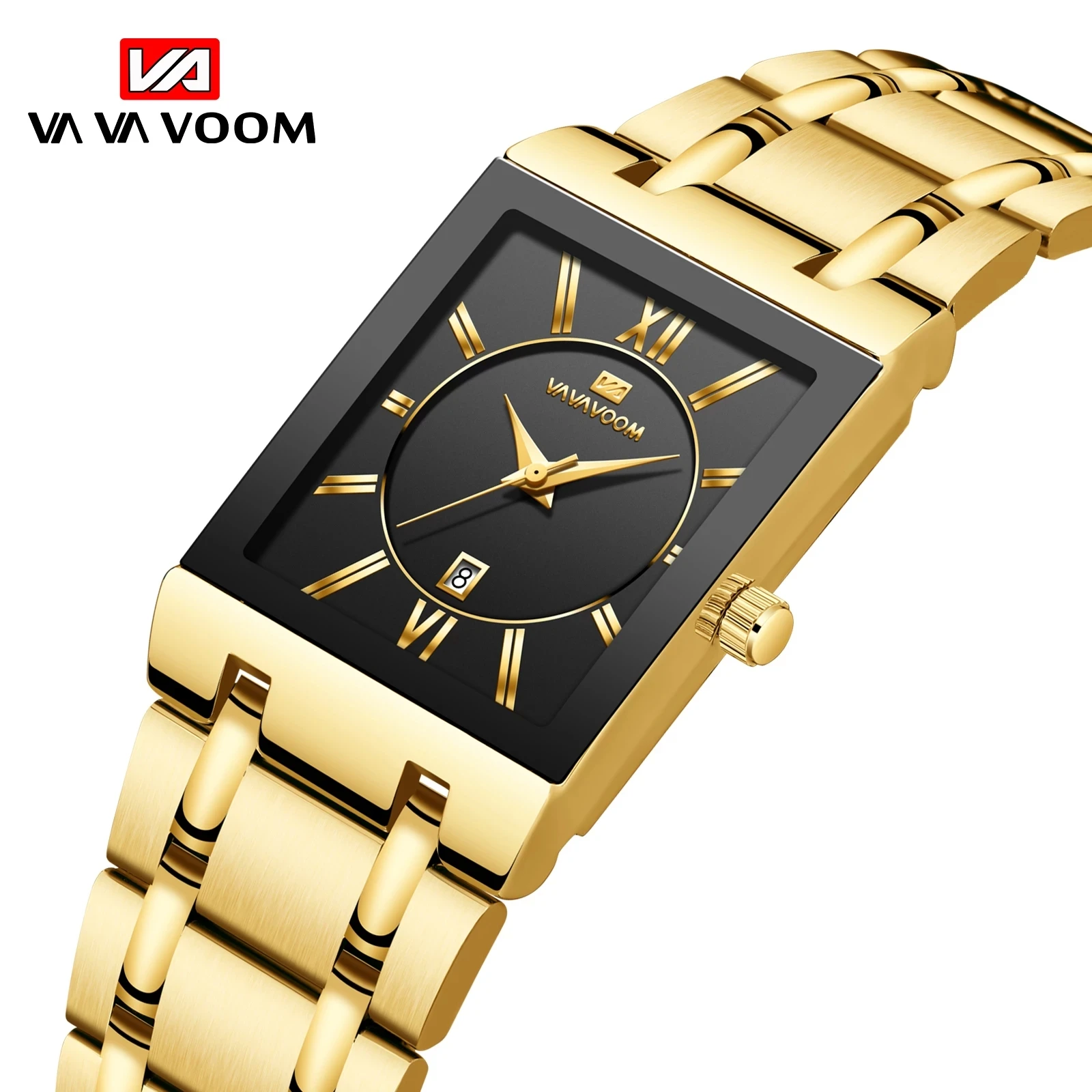 Men Business Watch Simple Design Luxury Fashion Rectangular Black Gold Stainless Steel Calendar Waterproof Quartz Men's Watches dom original men s waterproof quartz fashion business watch for men top brand leather strap unique tiger dial design watch